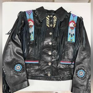 Black Fringe Leather Jacket with Multicolor hand beaded designs